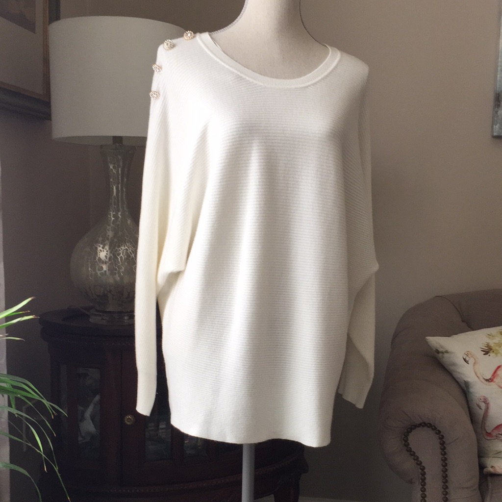 White Soft Knit Sweater With Rhinestone Buttons